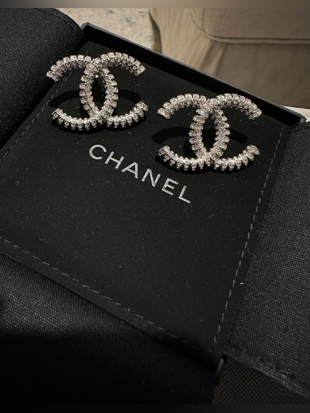 CHANEL Crystal CC Logo Stud Earrings in Silver Tone